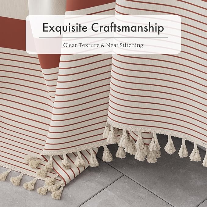AmazerBath Boho Shower Curtain, Modern Farmhouse Shower Curtain Set with Tassels, Rustic Faux Linen Red Striped Shower Curtain with Hooks, Light Tan Toned, 72x72 Inches