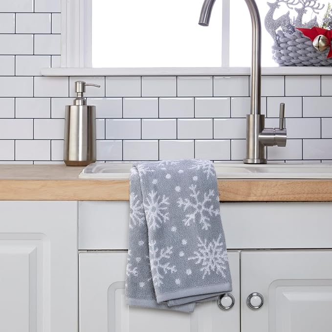 SKL Home Winter/Christmas Scattered Snowflakes Hand Towel Set-2pc, Gray | 100% Cotton. 500 GSM. Soft & absorbent. Reversible jacquard pattern. Great for use in the bathroom, kitchen or bar & gifting.