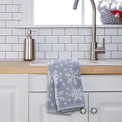 SKL Home Winter/Christmas Scattered Snowflakes Hand Towel Set-2pc, Gray | 100% Cotton. 500 GSM. Soft & absorbent. Reversible jacquard pattern. Great for use in the bathroom, kitchen or bar & gifting.