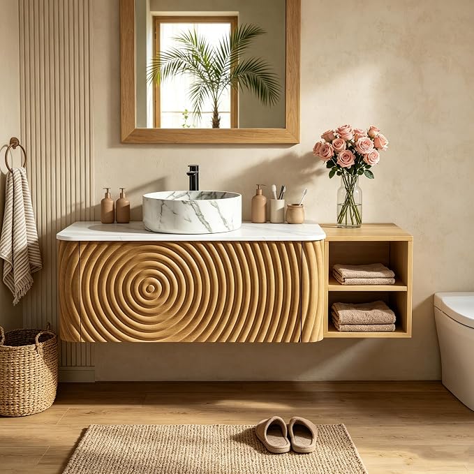 48" Floating Bathroom Vanity with Sink, Mid-Century Wall Mounted Bathroom Vanity Cabinet with Wood Waved Decor,Marble Ceramic Basin and Sintered Stone Top, Soft Close Drawer, Side Open Cube