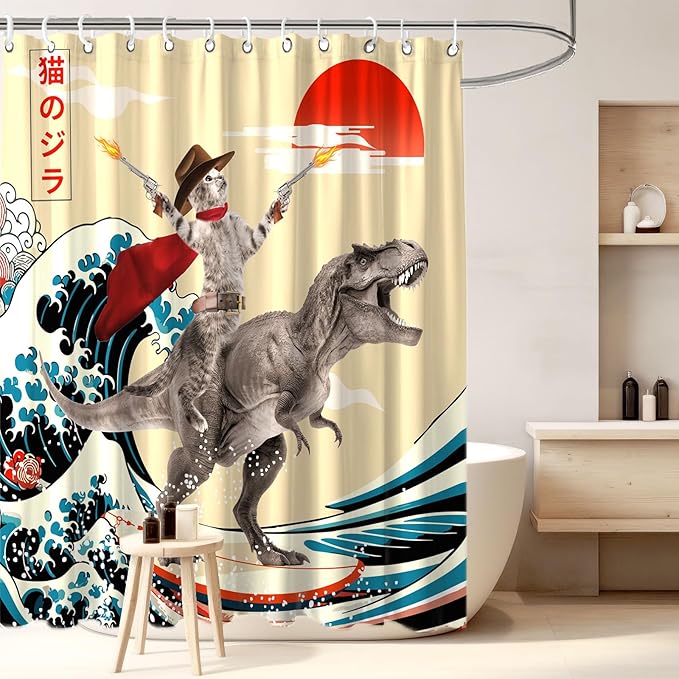 Funny Cute Cat Shower Curtain, Japan Cat Dinosaur Surfing Ocean Sea Wave Fabric Shower Curtains Set, Japanese Art Shower Curtains with Hooks, Kids Bathroom Decor 72x72inch