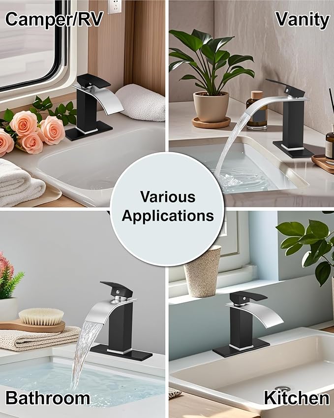 Midanya Bathroom Faucet with Waterfall Spout, Single Hole or 3-Hole Deck Mount, 304 Stainless Steel Sink Faucet with Pop-Up Drain, RV Vanity Compatible,Brushed Nickel Spout/Matte Black