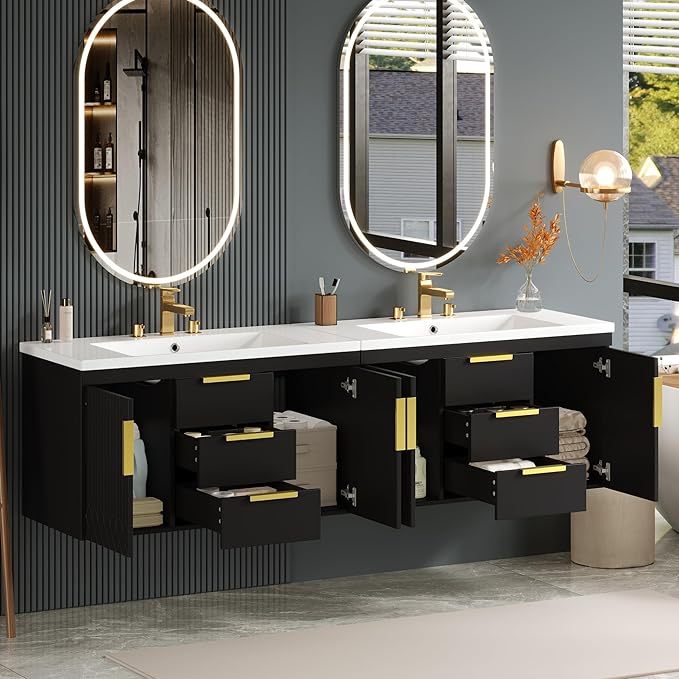 72'' Wall Mounted Bathroom Vanity, Floating Storage Vanity Cabinet with 2 Drawers, Solid Wood Bathroom Cabinet, Black