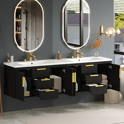 72'' Wall Mounted Bathroom Vanity, Floating Storage Vanity Cabinet with 2 Drawers, Solid Wood Bathroom Cabinet, Black
