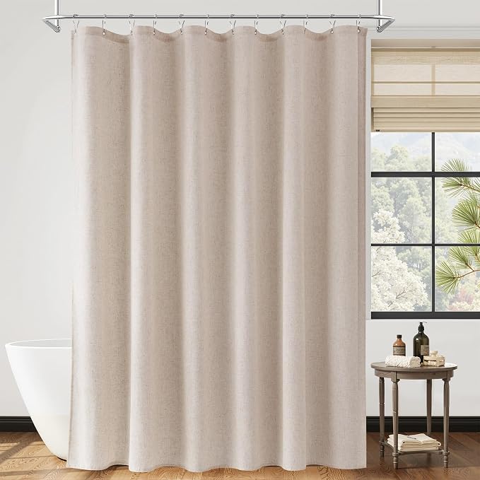 Extra Long Linen Shower Curtain 84 Inch Long for Bathroom Shower Curtains Set with Hooks Boho Farmhouse Fabric Neutral Cloth Modern Cottage Core Waterproof,Cream Beige