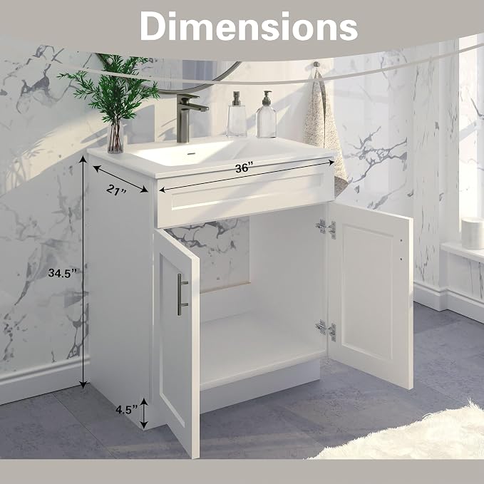 36" White Shaker Bathroom Vanity Base, Soft-Close Double-Door Ready-to-Assemble Sink Cabinet, 36" W x 21" D x 34.5" H, Base Only