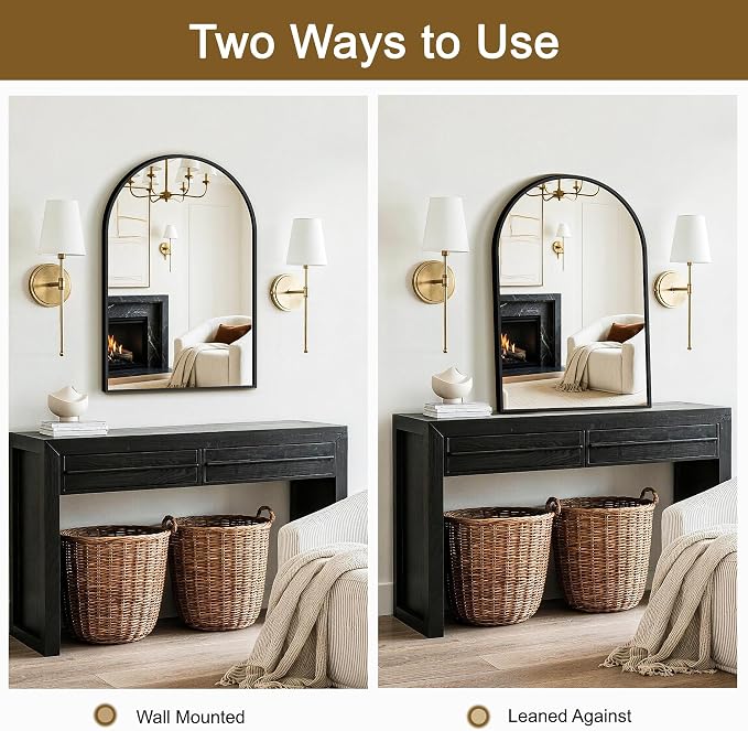 FGU Arched Bathroom Mirror for Over Sink 30"x20" Black Vanity Mirror | Wall Mounted, HD Tempered Shatter-Proof Glass, Rust-proof Arched Metal Frame, Arch Mirror for Bedroom, Living Room, Entryway