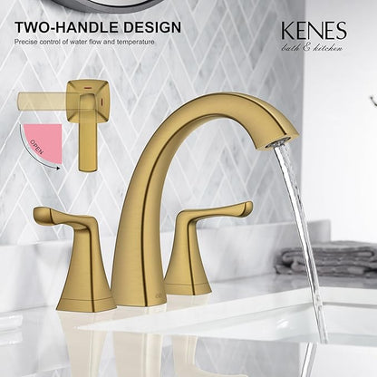 KENES Gold Bathroom Faucets for Sink 3 Hole, Brushed Gold 8 Inch 2 Handle Widespread Bathroom Faucet, Bathroom Vanity Faucet with Pop Up Drain & Supply Lines, LJ-9075-4
