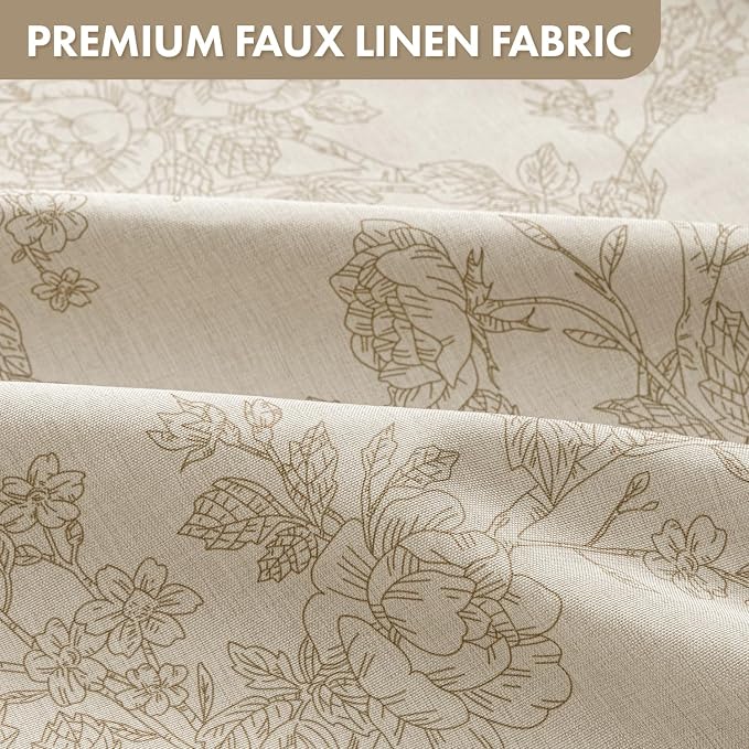 Extra Long Beige Floral Shower Curtain W72*L84 Inches Long | Linen Textured Fabric, 12 Rustproof Metal Hooks, Wrinkle Resistant Cloth, Machine Washable, Bathroom Decor for Cottage Core