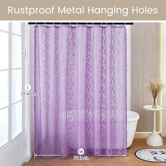 WAZZIO Purple Lace Shower Curtain for Bathroom 72" W x 72" L, Victorian Farmhouse Floral Pattern Tassel Fancy Shower Curtain Boho Washable Cloth Decorative Bath Curtains,1 Panel