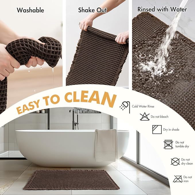 MIULEE Set of 2 Waffle Bathroom Rugs Chocolate Bath Mat 17"x24"+18"x30" | Non Slip, Super Absorbent, Washable, Ultra Soft, Rubber Backed, Small Boho Bath Rugs for Bathroom Floor Tub Shower