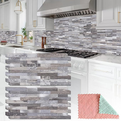 StyloVue 20 Sheets Peel and Stick Backsplash, Distressed Wood with Metal Silver Self Adhesive Wall Tiles Upgrade Your Kitchen Backsplash, RV, Fireplace