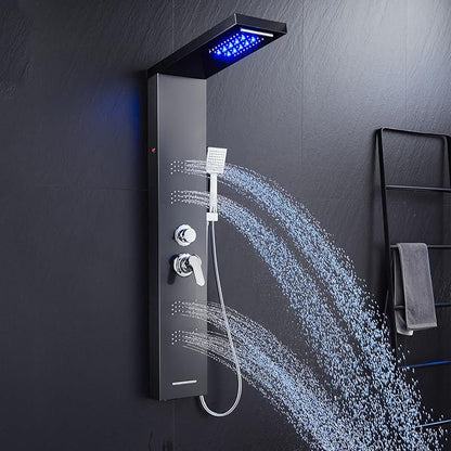 Stainless Steel Shower Panel Tower System with LED Lights, 5 in 1 Shower Panel with Rainfall Waterfall Shower Head, Body Spray, Handheld Shower, Tub Spout (Black)