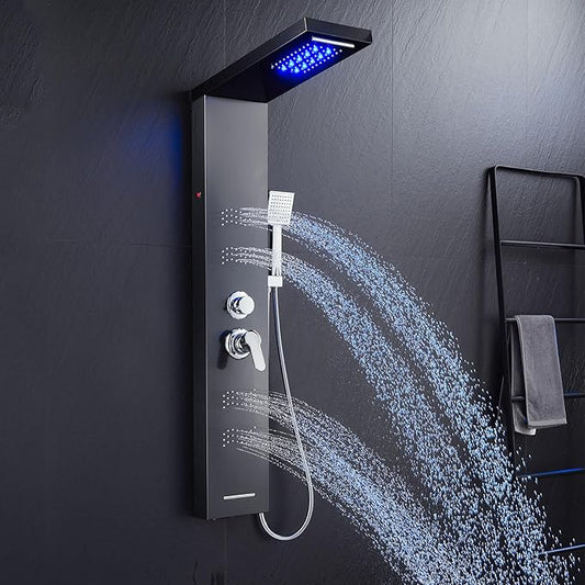Stainless Steel Shower Panel Tower System with LED Lights, 5 in 1 Shower Panel with Rainfall Waterfall Shower Head, Body Spray, Handheld Shower, Tub Spout (Black)