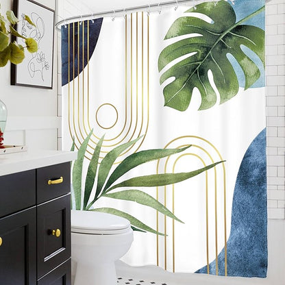 Glawry Boho Blue Green Shower Curtain Mid Century Abstract Tropical Palm Leaf Modern Minimalist Plant Botanical Bathroom Geometric 60Wx72L Inches Bath Accessories Art Home Decor Fabric 12 Pack Hooks