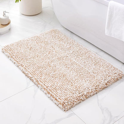 ILANGO Beige and White Bathroom Rugs 36" × 24" Non Slip & Super Absorbent Extra Thick Soft, Washable Bath Mat for Floor, Microfiber Plush Shaggy Bath Rug with Rubber for Bathtub Shower Room Sink