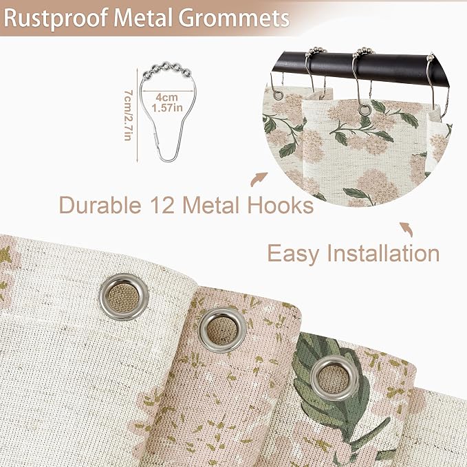 ORTIGIA Linen Textured Ruffle Shower Curtain with Metal Hooks, Vintage Light Pink Hydrangea Floral Boho Waterproof Bath Curtain for Rustic Farmhouse Bathroom Decor 72x72 Inch