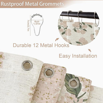 ORTIGIA Linen Textured Ruffle Shower Curtain with Metal Hooks, Vintage Light Pink Hydrangea Floral Boho Waterproof Bath Curtain for Rustic Farmhouse Bathroom Decor 72x72 Inch