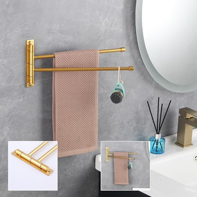 GERZWY Bathroom Swing Arm Towel Bars 2-Arm Wall Mount Stainless Steel Bath Towel Rack Hanger Towel Holder Organizer Gold Finished HYG02-BE