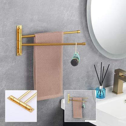 GERZWY Bathroom Swing Arm Towel Bars 2-Arm Wall Mount Stainless Steel Bath Towel Rack Hanger Towel Holder Organizer Gold Finished HYG02-BE