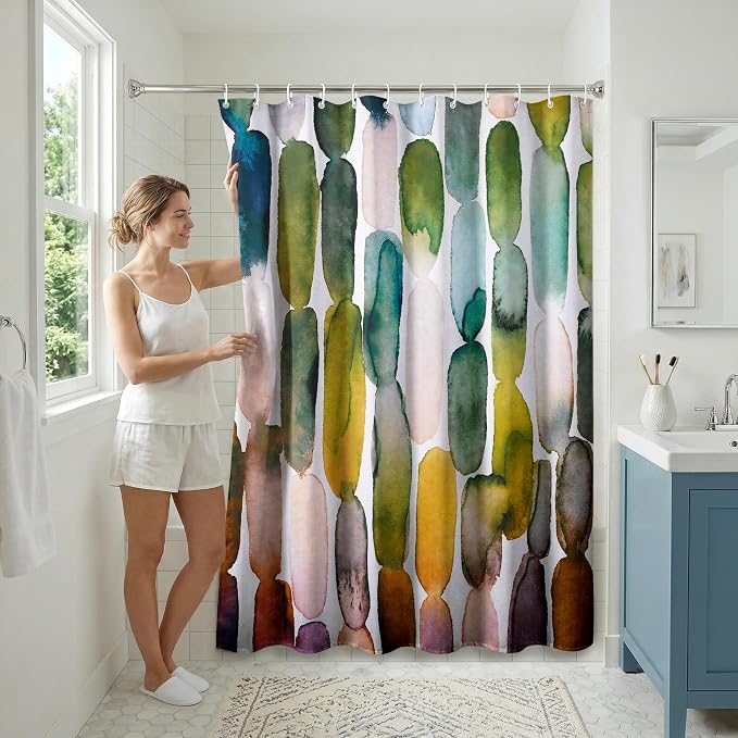 Americanflat 71x74 Oval Pattern Shower Curtain - Water-Resistant Long Shower Curtain with Metal Grommets and 12 Hooks - 100% Polyester - Olive Green, Teal, Yellow, Blush Pink, Plum and Burnt Orange