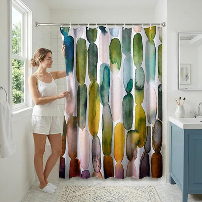 Americanflat 71x74 Oval Pattern Shower Curtain - Water-Resistant Long Shower Curtain with Metal Grommets and 12 Hooks - 100% Polyester - Olive Green, Teal, Yellow, Blush Pink, Plum and Burnt Orange