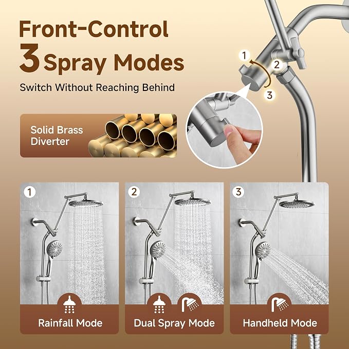 BRIGHT SHOWERS Rain Shower Head with Handheld Spray, High Pressure Dual Shower Head, Adjustable Extension Arm & Slide Bar, 9 Spray Modes Built-in Power Wash, 3-Way Diverter, 69" Hose, Brushed Nickel