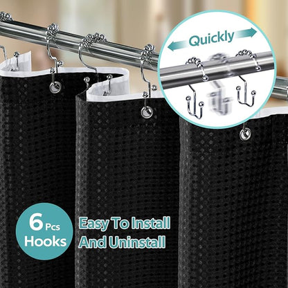 3 in 1 Shower Curtain Set, Waffle Shower Curtain and Liner Set with 6 Double Sided Shower Curtain Hooks, 258GSM Luxury Weighted Cloth Shower Curtain for Shower Stall, 36 W x 72 H, Black