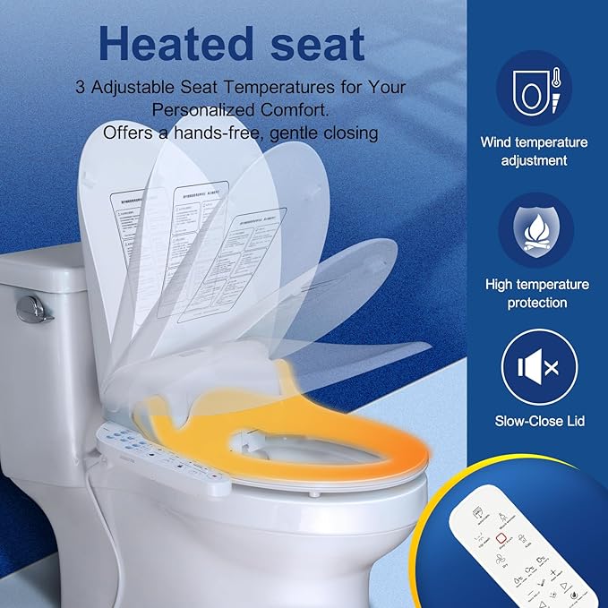 KERDE 08 Smart Electric Bidet Toilet Seat with Warm Air Dryer Heated Adjustable Warm Water Seat Temperature Self-Cleaning Nozzle Easy Installation for Most Toilets Elongated (Remote+Armrest)