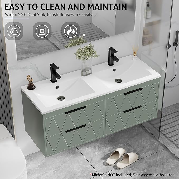 eclife 48" Bathroom Vanities Cabinet with Sink Combo, Wall Mounted Floating Cabinet W/Decor Line, Soft-Close System, 4 Extra Big Drawers, Matte Black Faucet, Gray Green