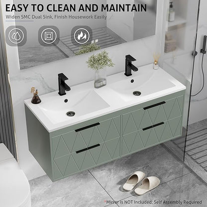 eclife 48" Bathroom Vanities Cabinet with Sink Combo, Wall Mounted Floating Cabinet W/Decor Line, Soft-Close System, 4 Extra Big Drawers, Matte Black Faucet, Gray Green