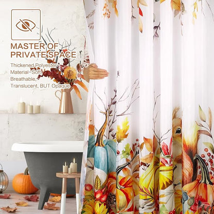Fall Shower Curtain Harvest Pumpkin Squirrel Thanksgiving Shower Curtain Autumn Maple Leaves Sunflowers shower curtains for Bathroom Waterproof Machine Washable Home Farmhouse Decor Bath Curtains