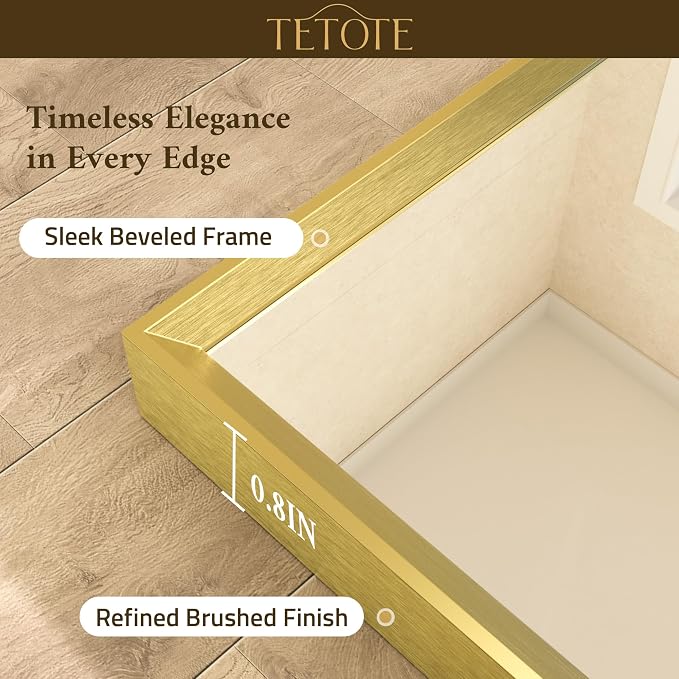 Brushed Gold Vanity Mirror for Bathroom 30" x 30" Brushed Brass Rectangle Beveled Framed Bathroom Wall Mirror for Over Sink, Tempered Glass, Modern Farmhouse Bedroom, Entryway, Living Room