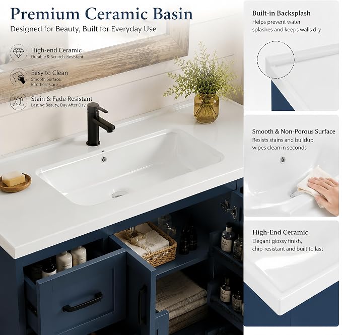 Bellemave 48" Bathroom Vanity with Sink, Bathroom vanities, Green Bathroom Vanity with Drawers, Sink Cabinet, Navy Blue, 48"