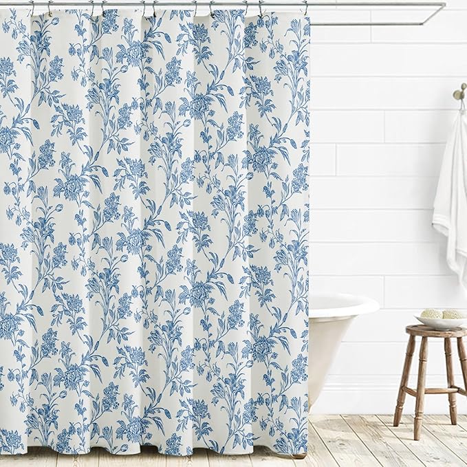WOUVMA Extra Long Shower Curtain Blue Floral Cotton Cottagecore Shower Curtain for Bathroom 72" W x 84" L