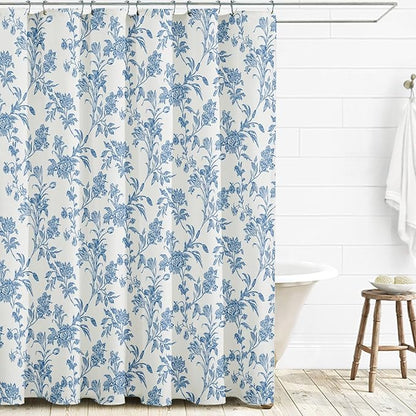 WOUVMA Extra Long Shower Curtain Blue Floral Cotton Cottagecore Shower Curtain for Bathroom 72" W x 84" L