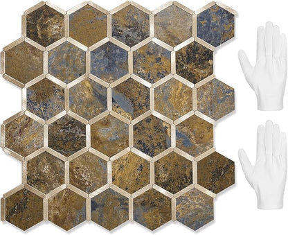 STICKGOO Hexagon Peel and Stick Backsplash Tile, Stick on Backsplash for Kitchen and Bathroom, Rust Slate Look PVC Mixed Metal Gold Self Adhesive Metal Mosaic Tiles(10 Sheets, Seamless)