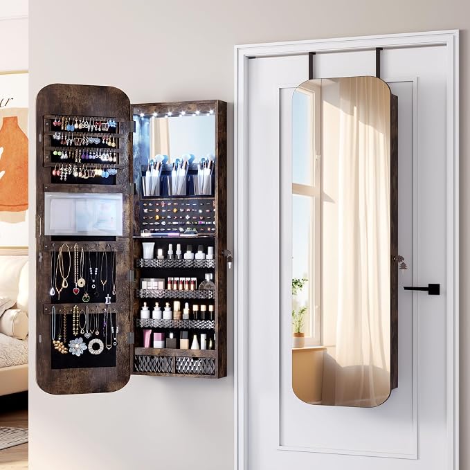 Vlsrka 47.2" Wall/Door Mounted Jewelry Cabinet Organizer Armoire W/Mirror | 6 LEDs, Over The Door Hanging Jewelry Organizer with Rounded Corner Mirror, Lockable Full Length Mirror with Storage, Brown