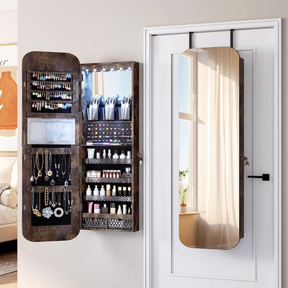 Vlsrka 47.2" Wall/Door Mounted Jewelry Cabinet Organizer Armoire W/Mirror | 6 LEDs, Over The Door Hanging Jewelry Organizer with Rounded Corner Mirror, Lockable Full Length Mirror with Storage, Brown