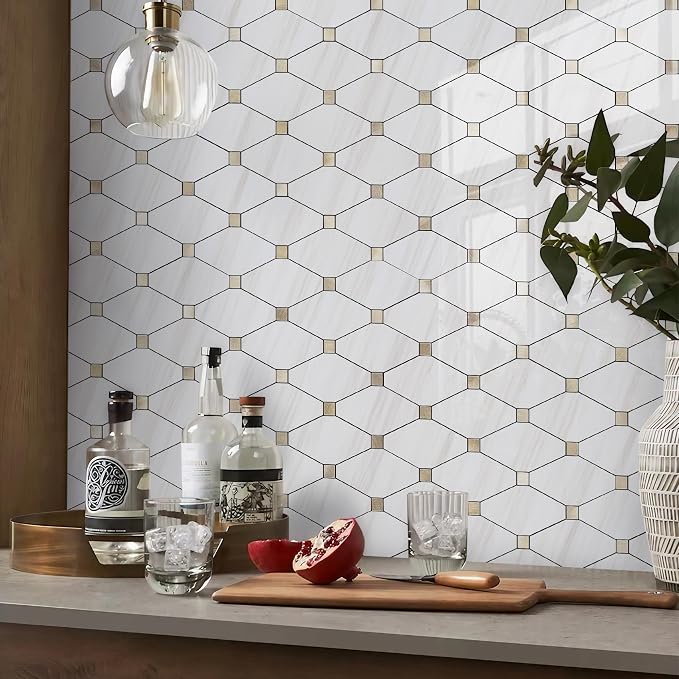 STICKGOO 10 Sheets Peel and Stick Backsplash, Polished Dolomite PVC Mixed Metal Gold Kitchen Backsplash, Stick on Backsplash Wall Tiles for Kitchen, Bathroom, RV