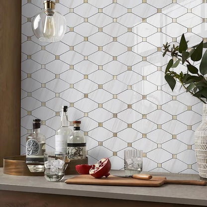 STICKGOO 10 Sheets Peel and Stick Backsplash, Polished Dolomite PVC Mixed Metal Gold Kitchen Backsplash, Stick on Backsplash Wall Tiles for Kitchen, Bathroom, RV