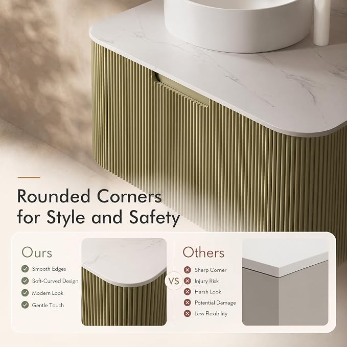30 Inch Bathroom Vanity with Sink, Floating Wall Mounted Single Sink Vanity, Sage Green Curved Fluted Front, Stone Top, Pure White Round Vessel Basin, Pre-Assembled