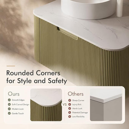 30 Inch Bathroom Vanity with Sink, Floating Wall Mounted Single Sink Vanity, Sage Green Curved Fluted Front, Stone Top, Pure White Round Vessel Basin, Pre-Assembled
