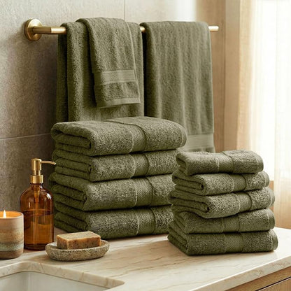 SUPERIOR Madeline Plush Egyptian Cotton 12-Piece Towel Set - Forrest Green | Heavyweight 12 Pc Egyptian Cotton Towel Set Includes 4 Bath Towels 4 Hand Towels 4 Washcloths Decorative Rope Border