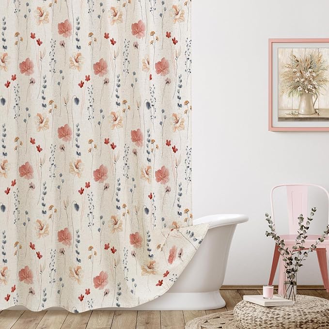 Coral Linen Watercolor Floral Fabric Shower Curtain, 72x72 | Linen Fabric, Modern Minimalist Floral Print, Machine Washable, Rustproof Grommets, for Bathroom Home