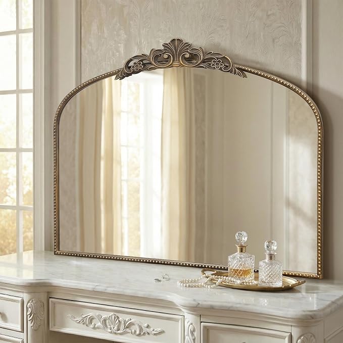 Micasso Vintage Gold Wall Mirror: 40"x29" Baroque Antique Arched Mirror | Traditional Ornate French Decorative Mirror for Bedroom/Bathroom/Fireplace/Entryway/Hallway/Dresser/Vanity/Mantel/Nightstand