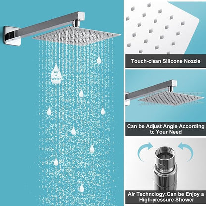 10 Inch Shower Faucet Set, Wall-Mounted Rainfall Shower System with High Pressure Handheld Shower Head, Bathroom Mixer Shower Set Wall Mounted Rough-in Valve and Trim Kit, Polished Chrome