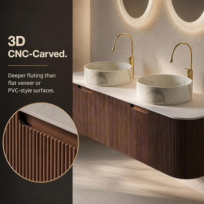60 Inch Double Sink Bathroom Vanity, Floating Wall Mounted Cabinet, Dark Walnut Curved Fluted Front, Stone Top, Dual Marble-Look Round Vessel Basins, Pre-Assembled