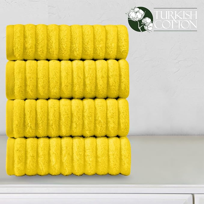 Elegant Comfort Luxury 100% Turkish Cotton Corduroy Ribbed 4 Pack Hand Towel Set 16 x 28 Inch - Absorbent, Super Soft, Quick Dry, Premium Towels for Bathroom, Gym, Spa and Hotel Use, Yellow