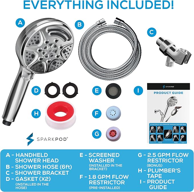 SparkPod 5 Inch 9 Spray Setting Handheld Shower Head - Water Saving Pause With On/Off Switch - Tool-Free 1-Min Install - Pulsating Rain Mode - Relaxing Rain Shower With Soothing Mist - Luxury Chrome